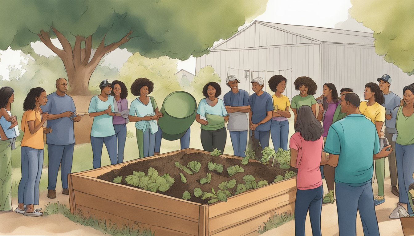 A group of people in Pasadena, CA gather around a composting demonstration, learning about sustainable practices in a community garden