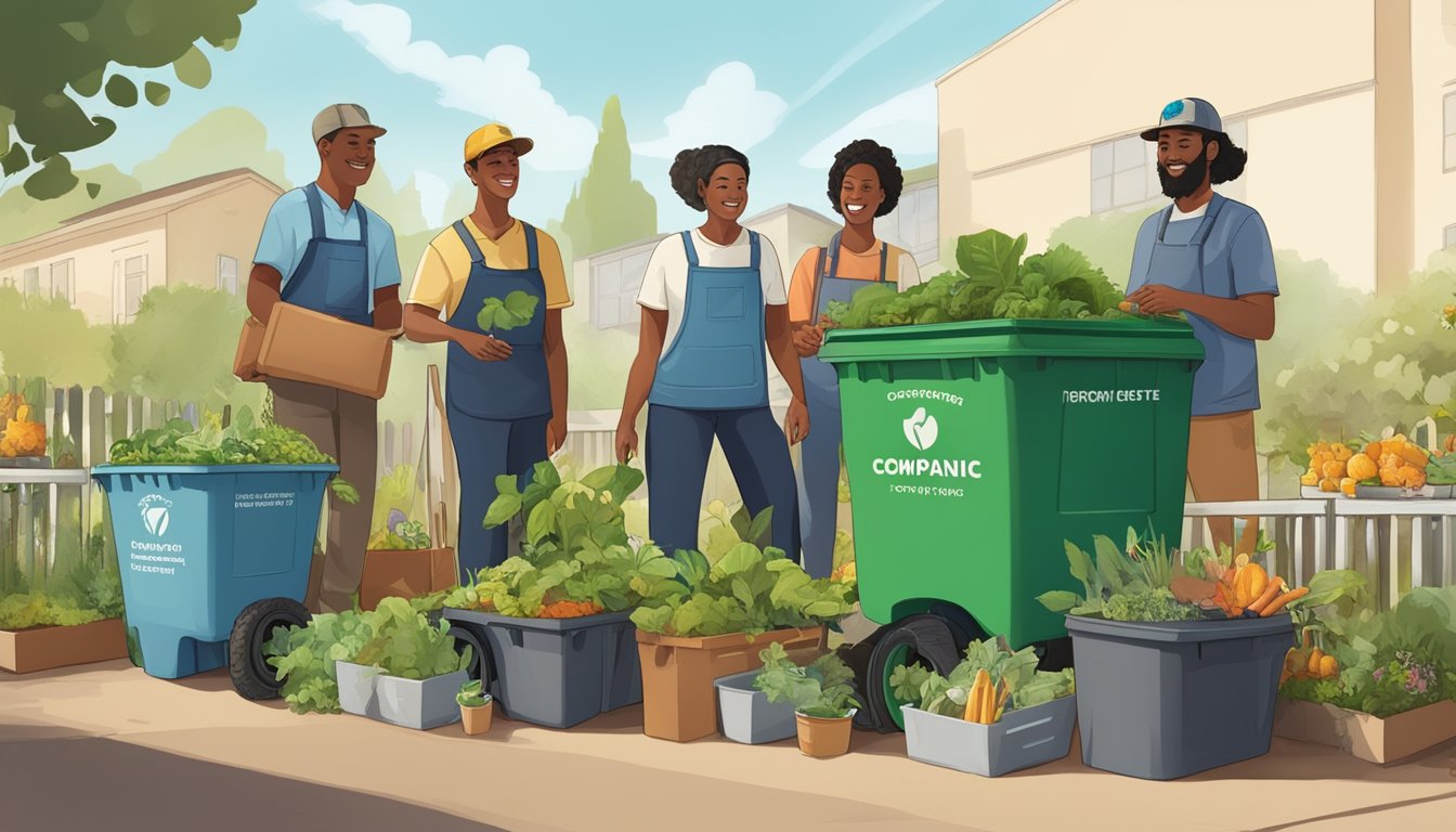 A diverse group of people and businesses in Pomona, CA come together to compost, with bins, tools, and organic waste in a community garden setting