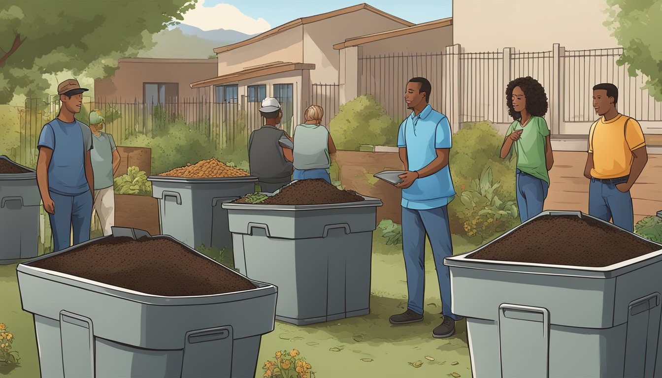 A group of people in Rancho Cucamonga, CA, are gathered around compost bins, learning about the process of composting and its benefits for the community