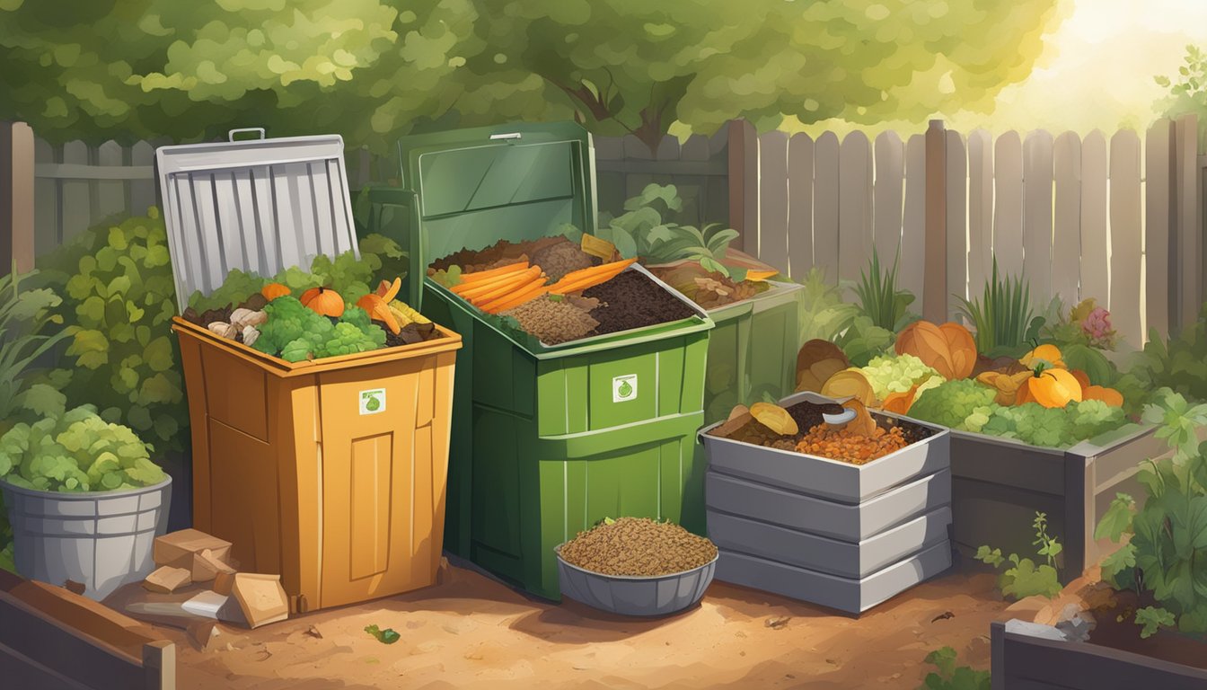 A backyard compost bin surrounded by a variety of food scraps, yard waste, and compostable materials. Nearby, a small garden thrives from the nutrient-rich compost