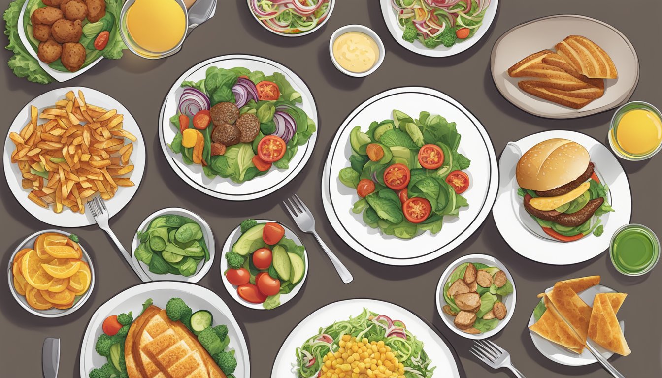 A table set with a variety of healthy food options at Denny's, including salads, grilled vegetables, and lean proteins