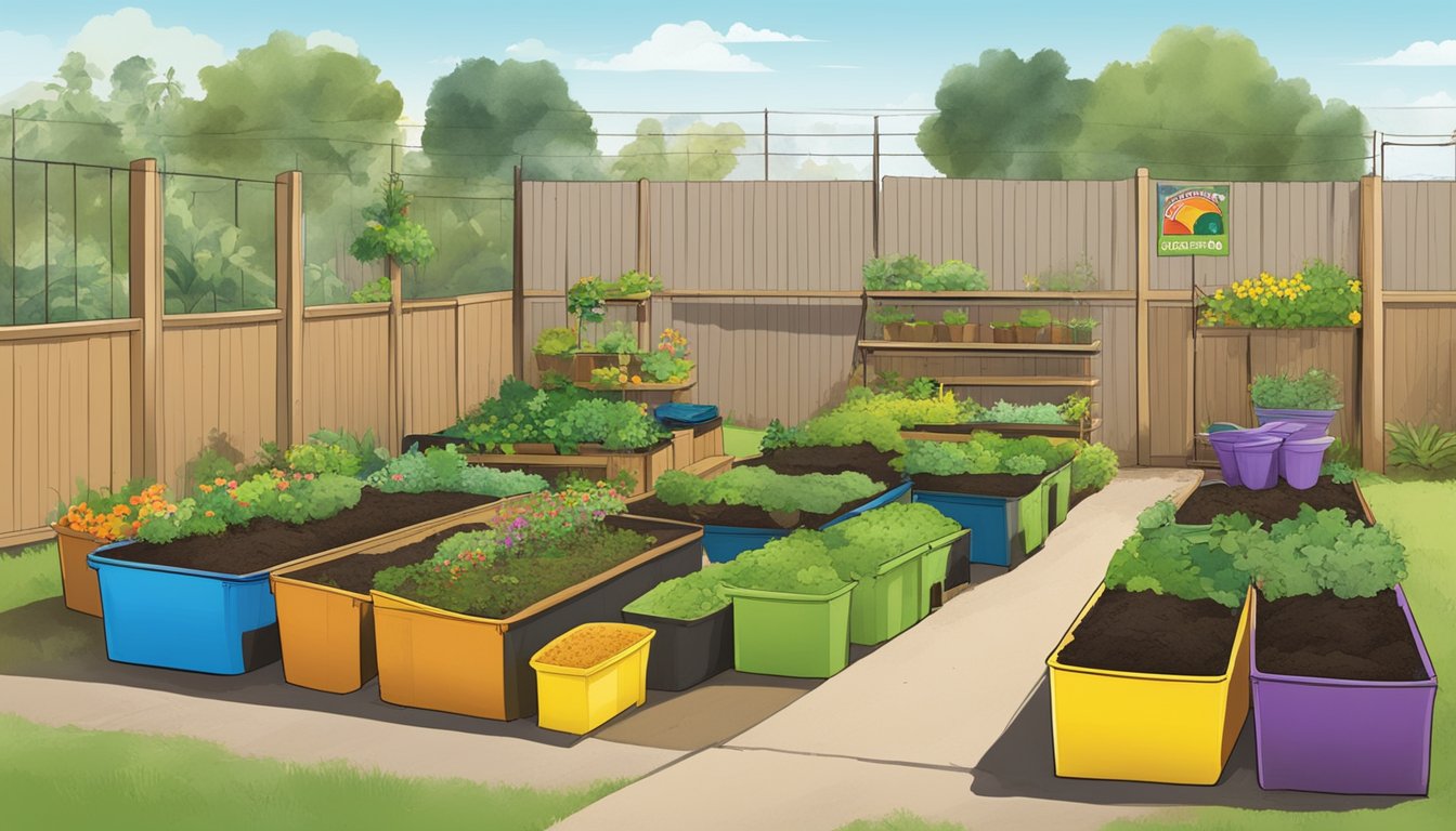 A community garden with compost bins surrounded by colorful signs and banners promoting composting in Pomona, CA