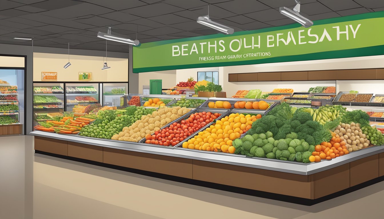 A bountiful display of fresh fruits, vegetables, and whole grains at a Healthy Options branch. Vibrant colors and enticing packaging draw in customers