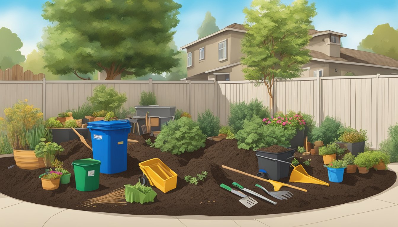 A backyard in Rancho Cucamonga, CA with a compost bin, garden tools, and a variety of organic waste materials being added to the compost pile