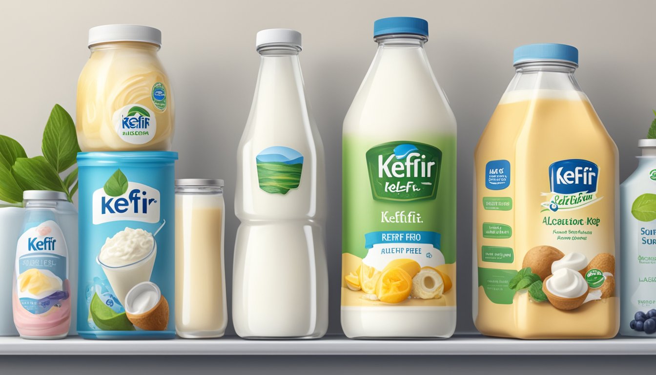 A variety of kefir products arranged on a shelf, including lactose-free, dairy-free, and low-sugar options