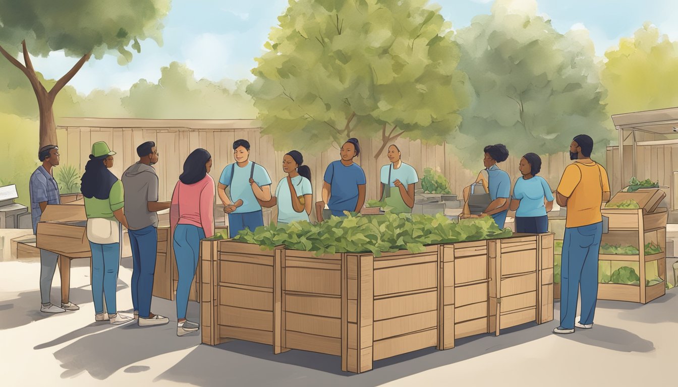 A group of people gather around a composting workshop in a sunny outdoor setting in Pomona, CA. Demonstrations and educational resources are provided to guide participants in the process