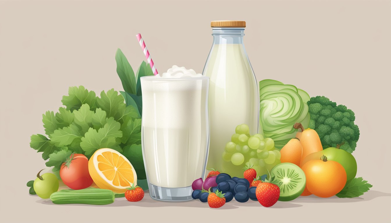 A glass of kefir surrounded by fresh fruits and vegetables, with a bottle of probiotics nearby