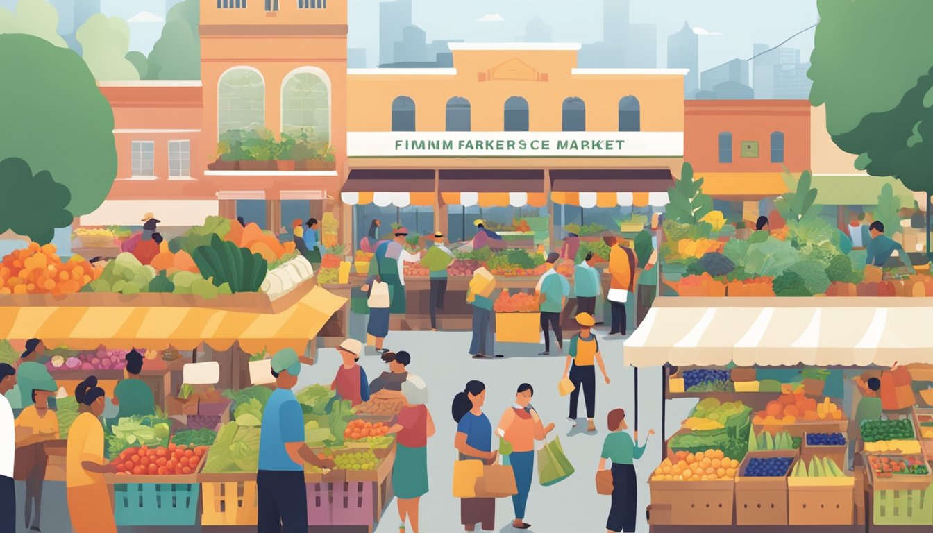 A bustling farmers' market with colorful produce stalls, eco-friendly packaging, and community members engaging with local vendors