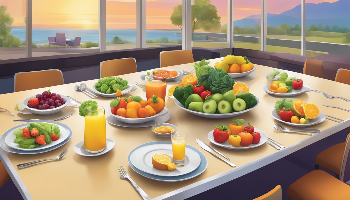 A colorful array of fresh fruits and vegetables displayed on a clean, modern table setting at Denny's, with a variety of healthy menu options in the background