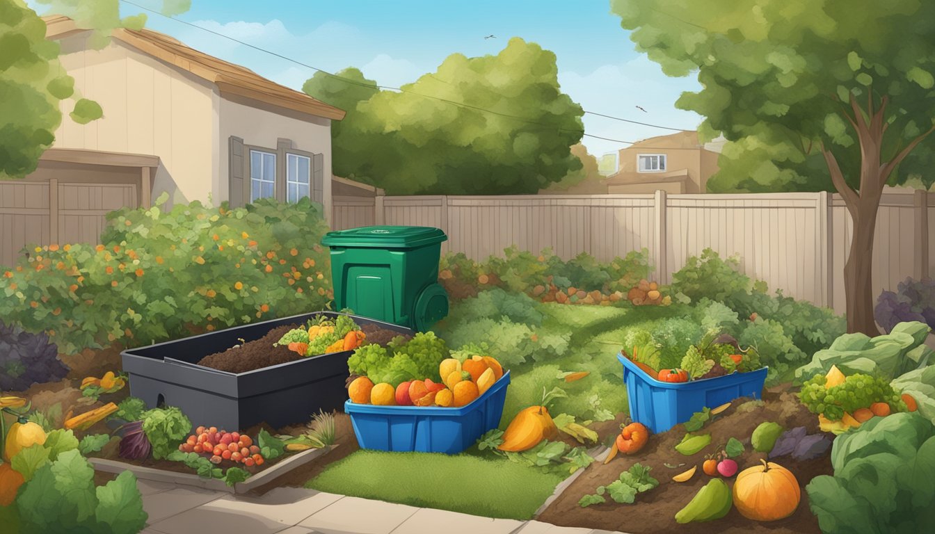 A backyard in Rialto, CA with a compost bin surrounded by a variety of organic waste, including fruit and vegetable scraps, leaves, and grass clippings