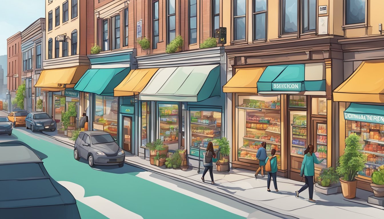 A bustling city street with a variety of storefronts, including a modern, vibrant health food store with a prominent online presence and digital shopping options