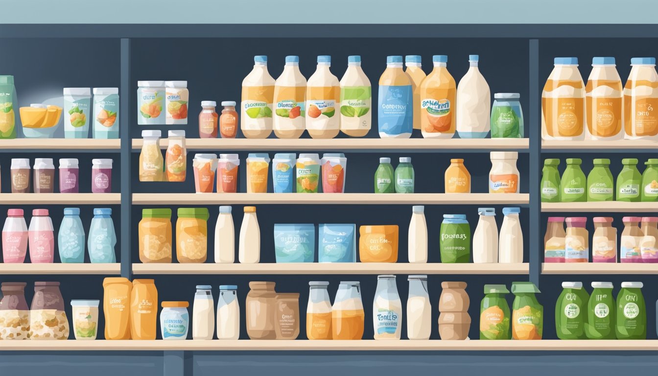 A variety of kefir products displayed on a shelf in a health food store