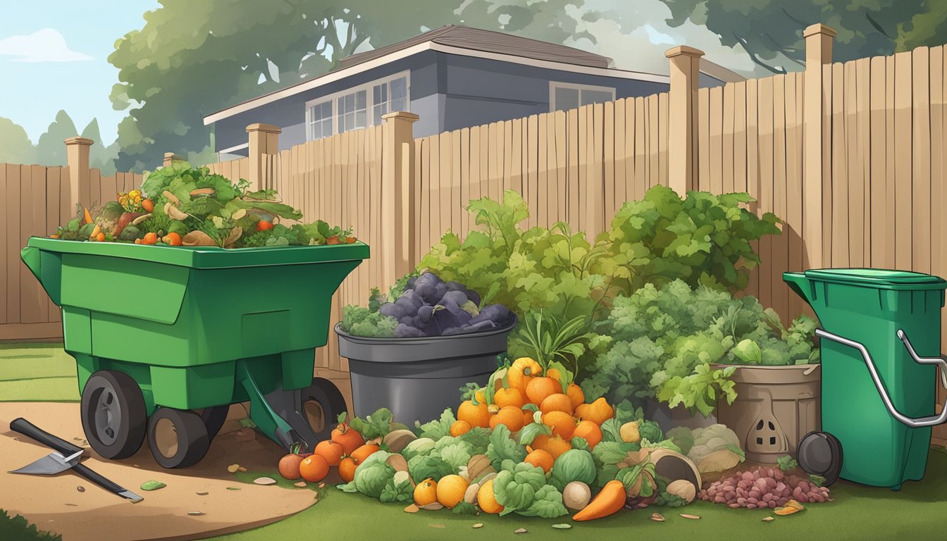 A pile of organic waste, including fruit and vegetable scraps, leaves, and grass clippings, surrounded by a compost bin and gardening tools in a backyard in Rialto, CA