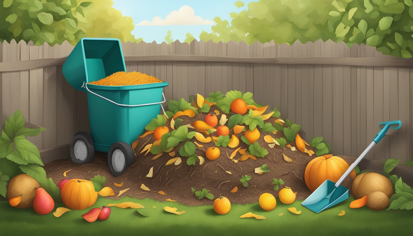 A backyard with a compost bin surrounded by various organic materials like fruit peels, leaves, and twigs. A shovel and gardening gloves lie nearby