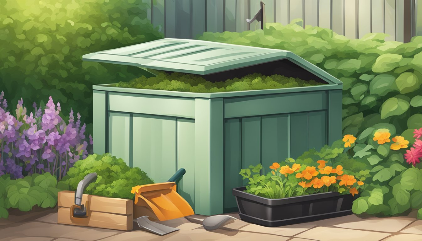 A backyard compost bin surrounded by greenery and a small garden, with a shovel and compostable materials nearby