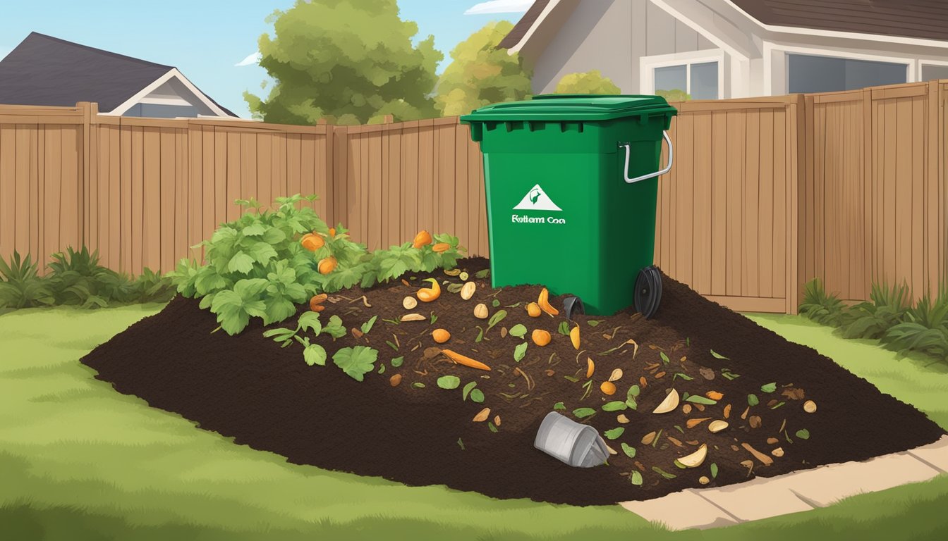 A backyard compost pile with a mix of kitchen scraps, yard waste, and soil, surrounded by a wooden bin and located in a suburban setting in Rialto, CA