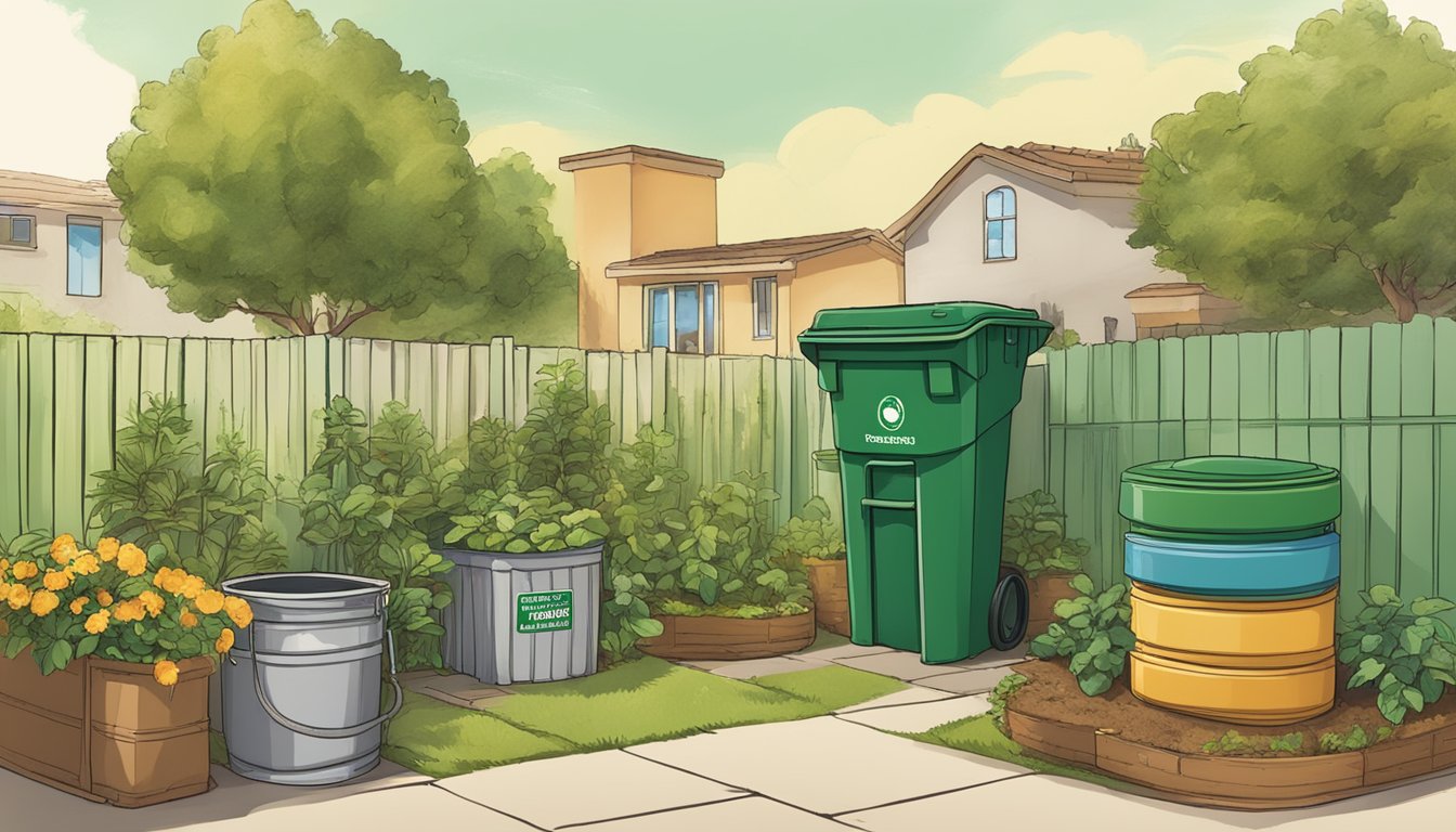 A sunny backyard with a compost bin surrounded by green plants and a small sign with the words "Resources and Education in Riverside County guide to composting in Riverside, CA" displayed prominently