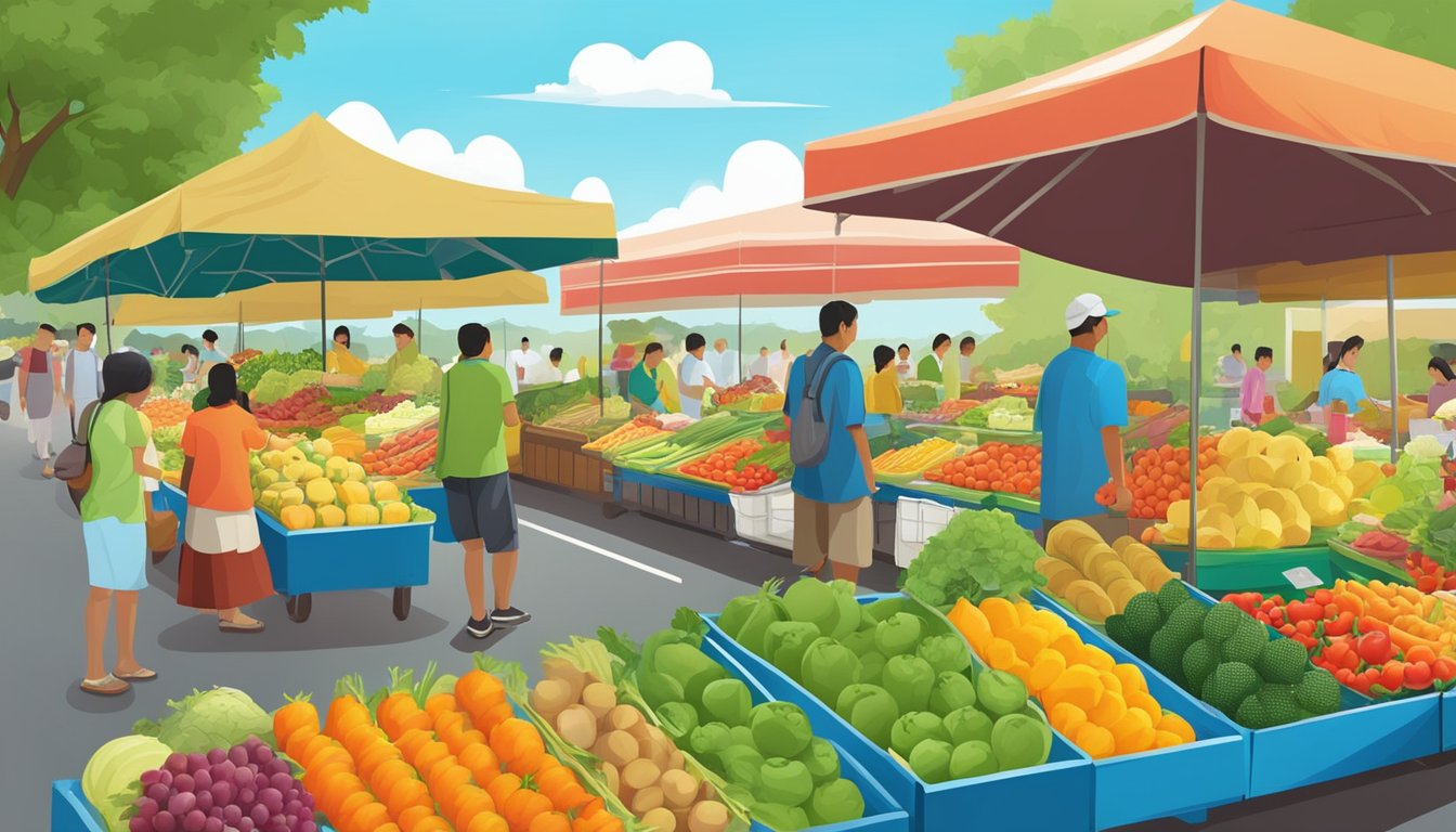 A colorful display of fresh fruits, vegetables, and organic products at a bustling market in Cebu, with a backdrop of lush greenery and a clear blue sky