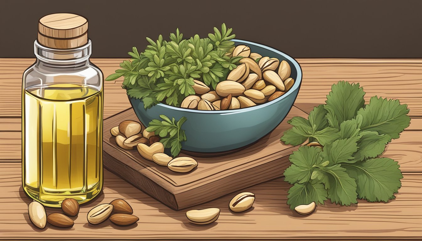 A bowl of mixed nuts, seeds, and leafy greens sits next to a bottle of evening primrose oil on a wooden table