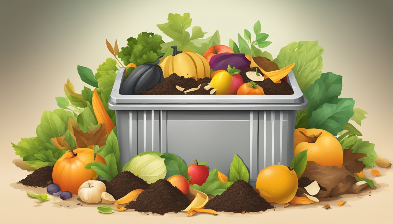 A backyard compost bin surrounded by a variety of organic waste, including fruit peels, vegetable scraps, and dry leaves