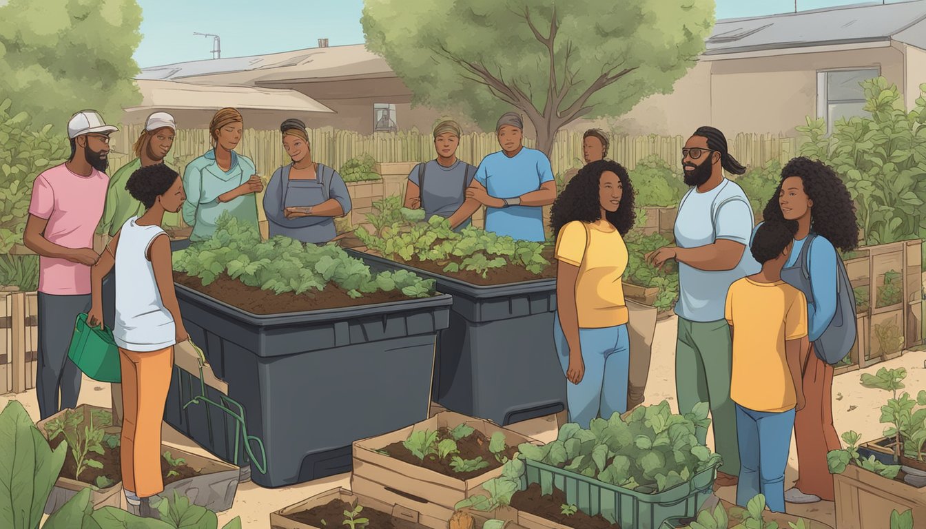 A group of diverse individuals gather in a community garden, surrounded by compost bins and greenery. A sign with the words "Community and Legal Aspects guide to composting in Rialto, CA" is displayed prominently