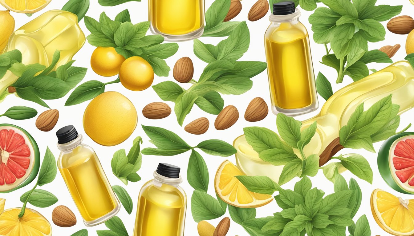 A bottle of evening primrose oil surrounded by various healthy options such as fruits, vegetables, and nuts