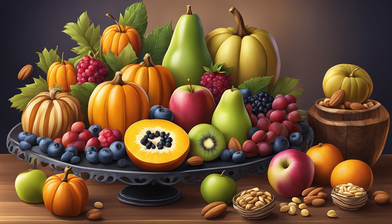 A colorful array of fresh fruit and nuts arranged in a festive Halloween-themed display