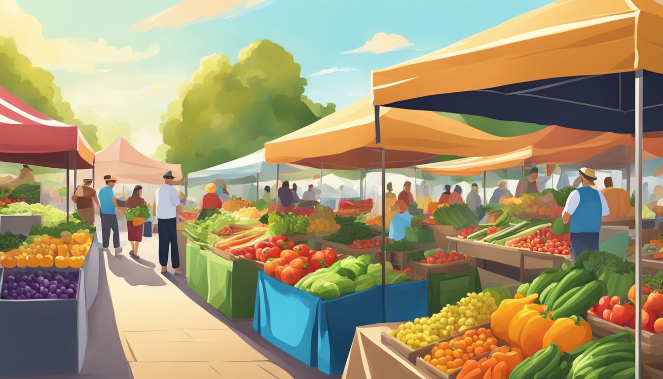 A vibrant farmers' market with fresh fruits, vegetables, and organic products displayed on colorful stalls under a sunny sky