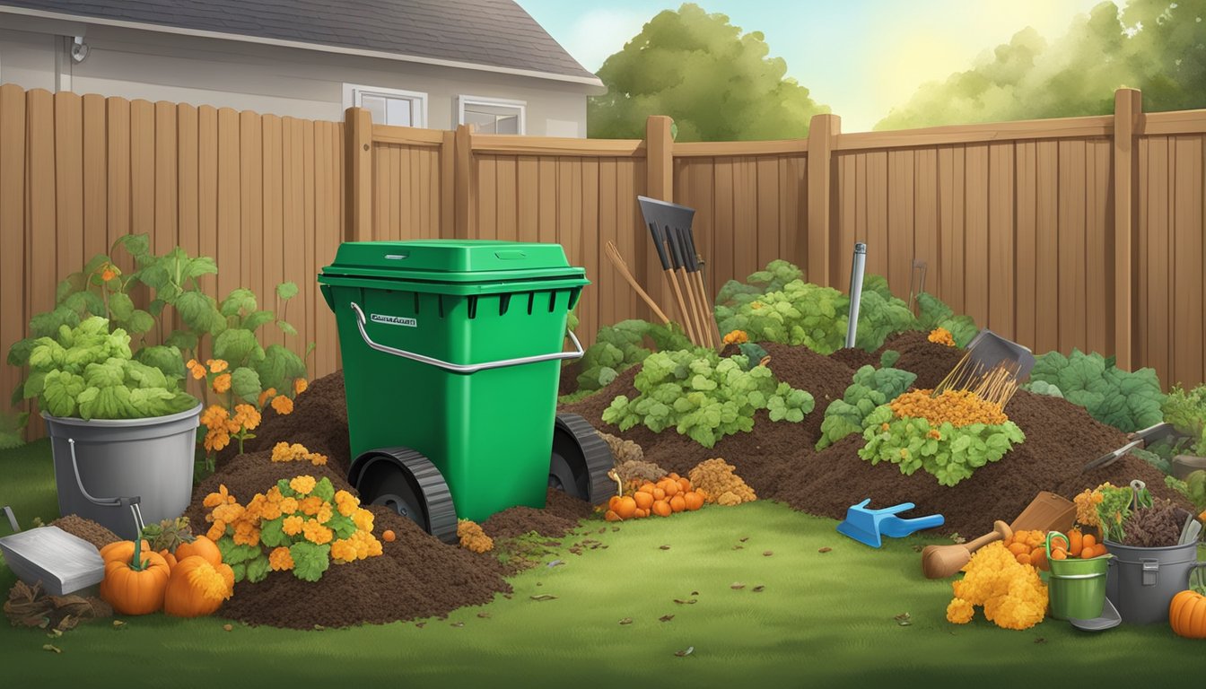 A backyard compost bin surrounded by various types of organic waste and gardening tools in Rialto, CA