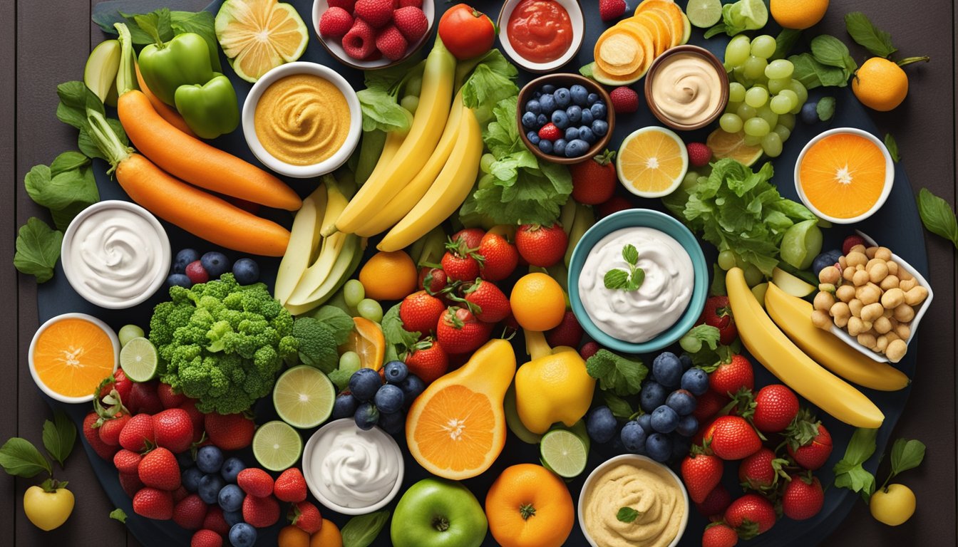 A colorful array of fresh fruits and vegetables arranged on a festive platter, surrounded by small bowls of hummus and yogurt-based dips