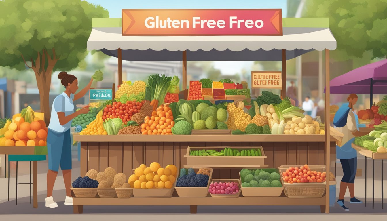 A vibrant market stall displays an array of colorful fruits, vegetables, and grains, with signs indicating "gluten-free," "vegan," and "paleo" options