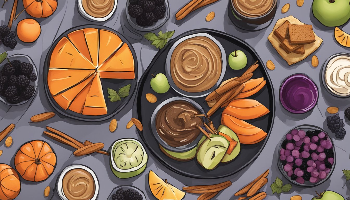 A spooky forest clearing with a table filled with colorful, healthy Halloween-themed treats such as apple slices with almond butter, carrot sticks with hummus, and orange and blackberry skewers