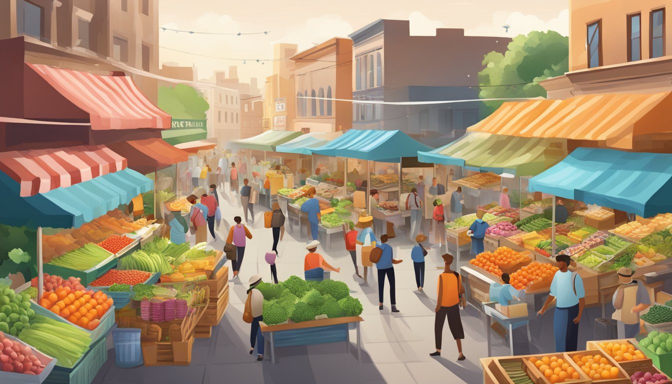 A bustling market scene with fresh produce, colorful signage, and a variety of healthy food options