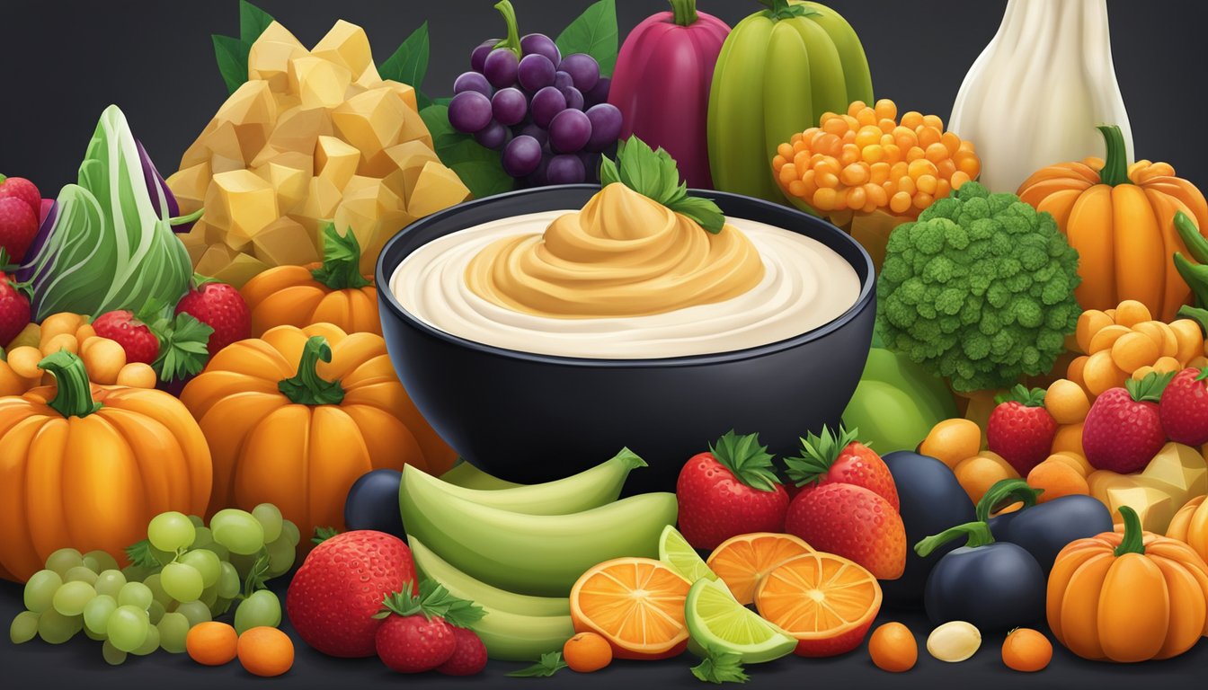 A colorful array of fresh fruits and vegetables arranged in a festive Halloween-themed display, with small containers of hummus and yogurt dip for dipping