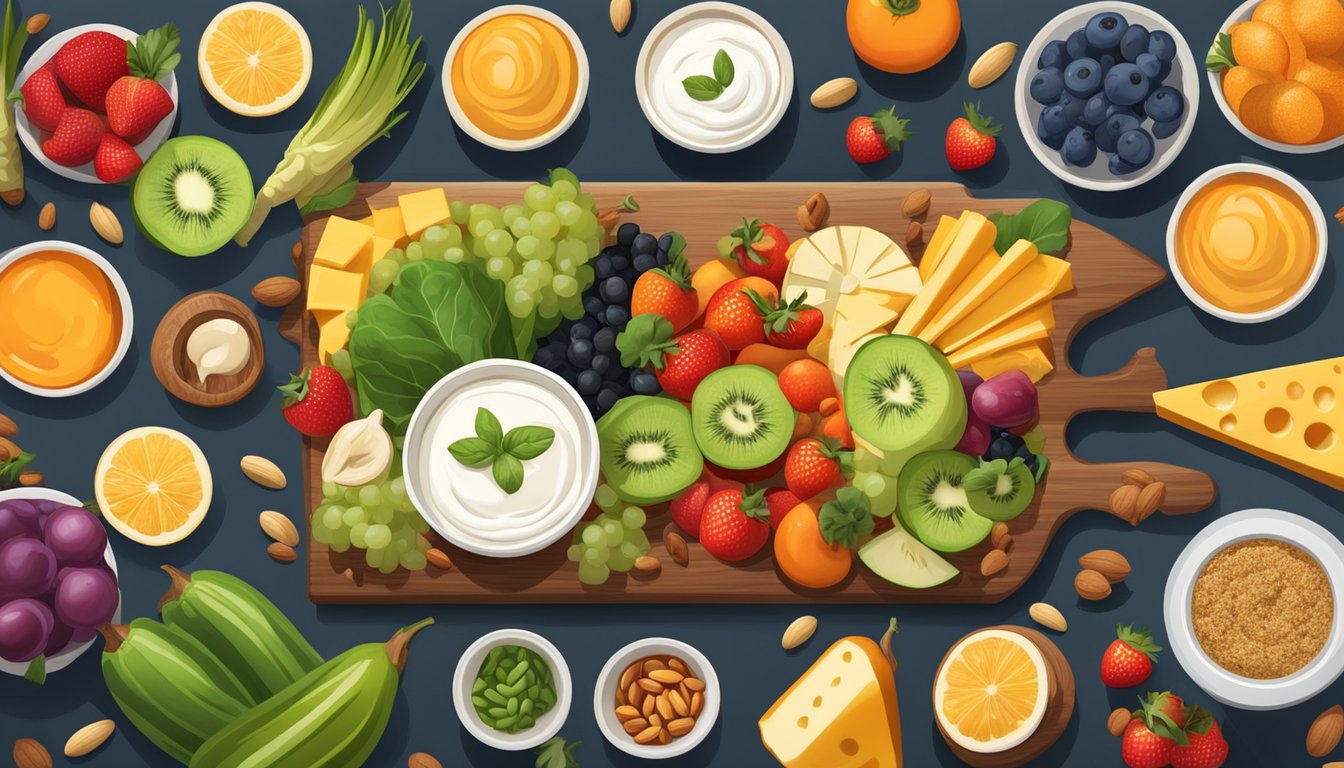 A colorful array of fresh fruits, vegetables, nuts, and cheese arranged on a wooden board, surrounded by small bowls of hummus and yogurt dip