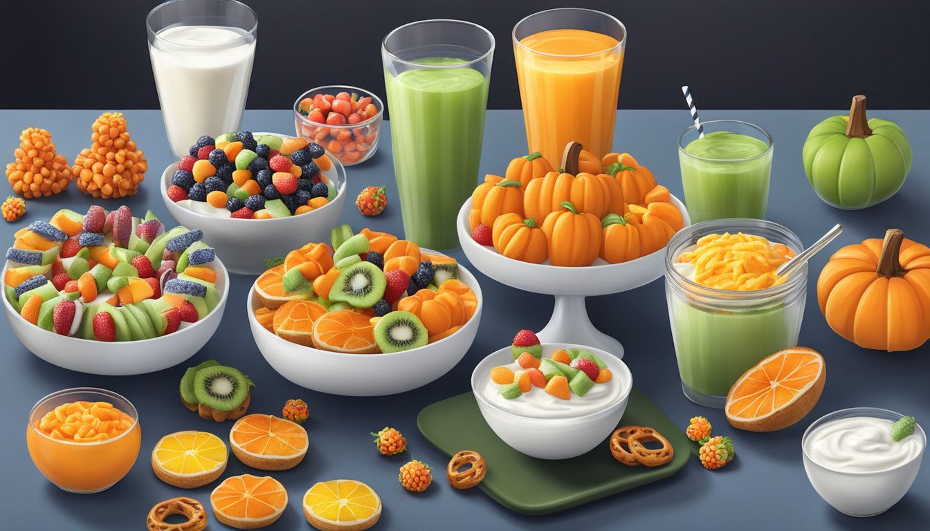 A table with a variety of colorful and healthy Halloween treats, such as fruit skewers, yogurt-covered pretzels, and veggie cups with dip