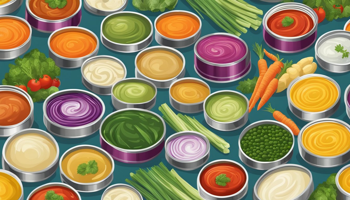 A variety of colorful canned soups surrounded by fresh vegetables and nutritional information labels