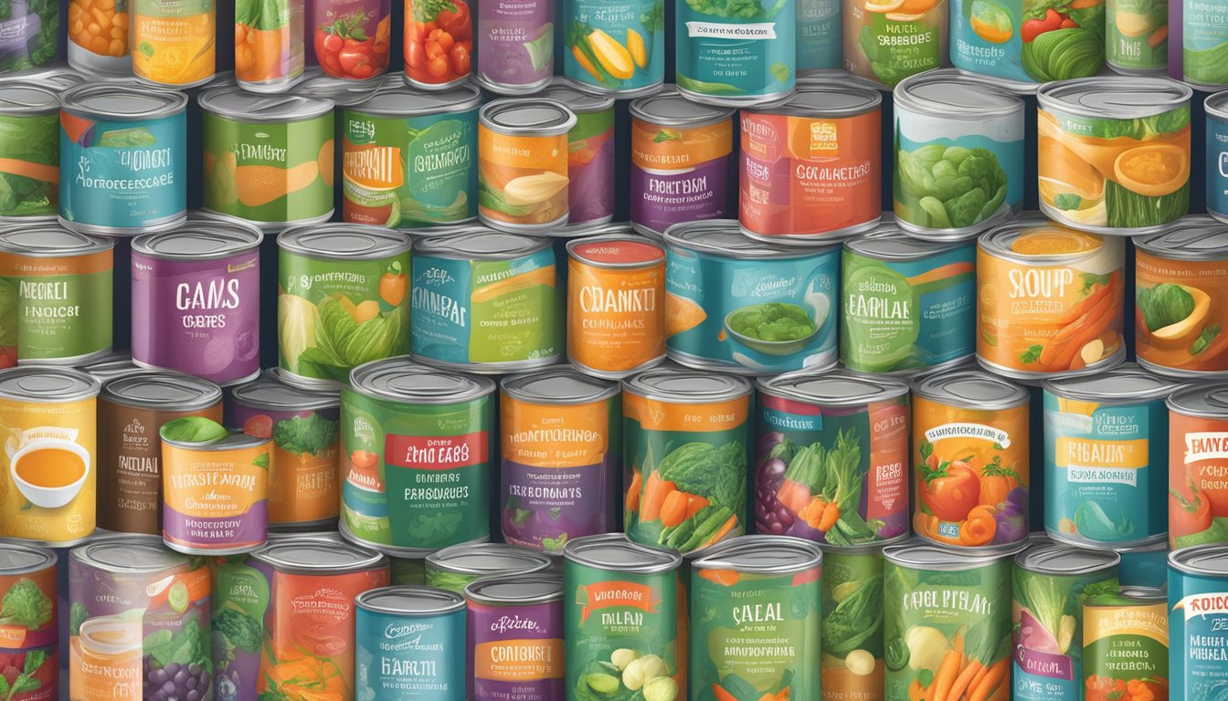 A variety of colorful and neatly arranged cans of soup, featuring labels with images of fresh vegetables and clear health-conscious branding