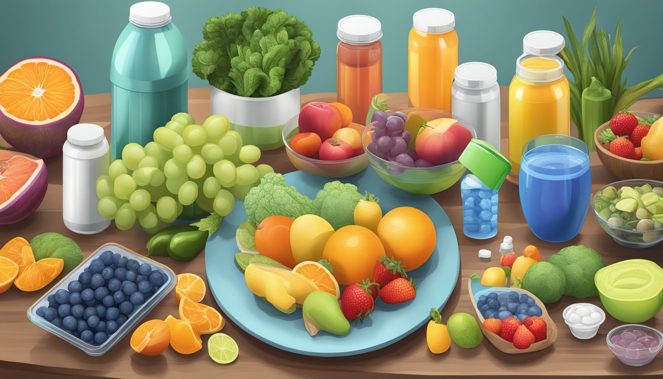 A table with a variety of fruits, vegetables, and sports drinks, surrounded by bottles of electrolyte supplements