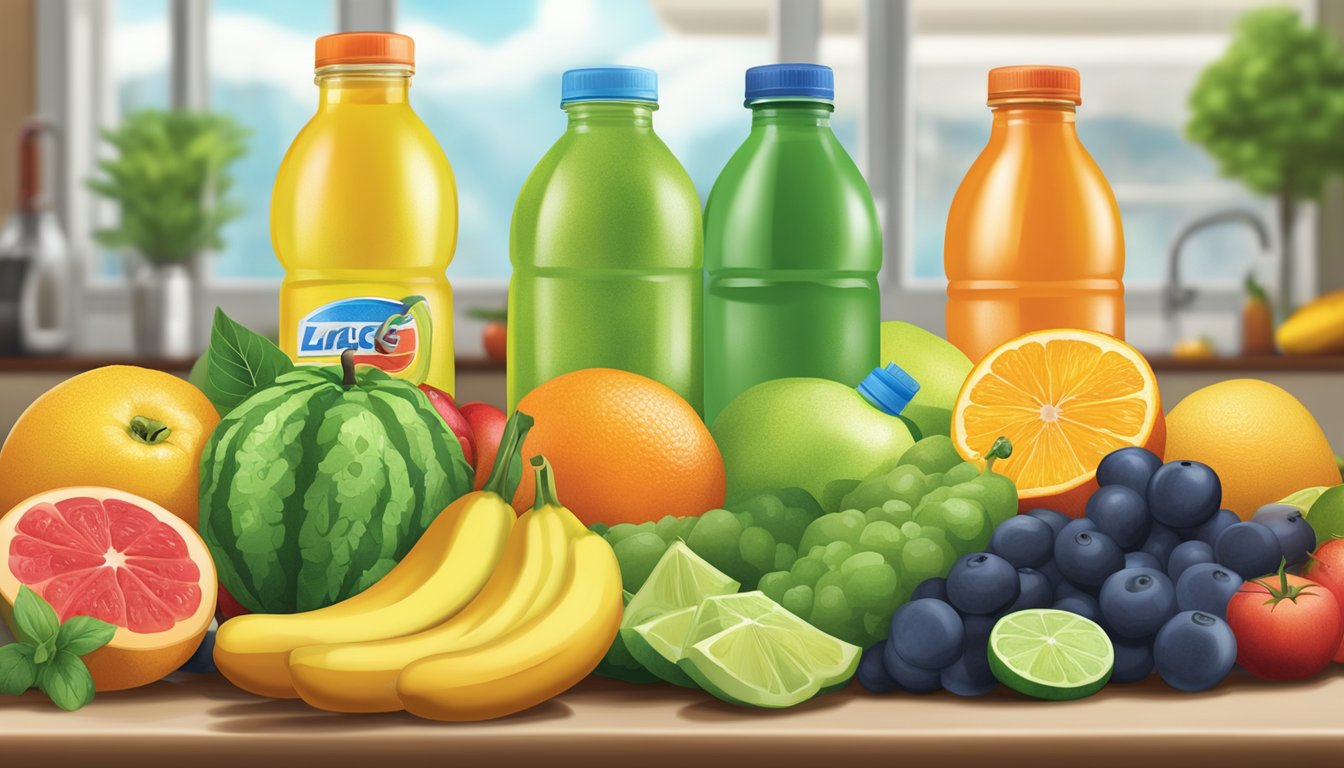 A colorful array of fruits and vegetables, alongside bottles of water and sports drinks, with a focus on natural sources of electrolytes