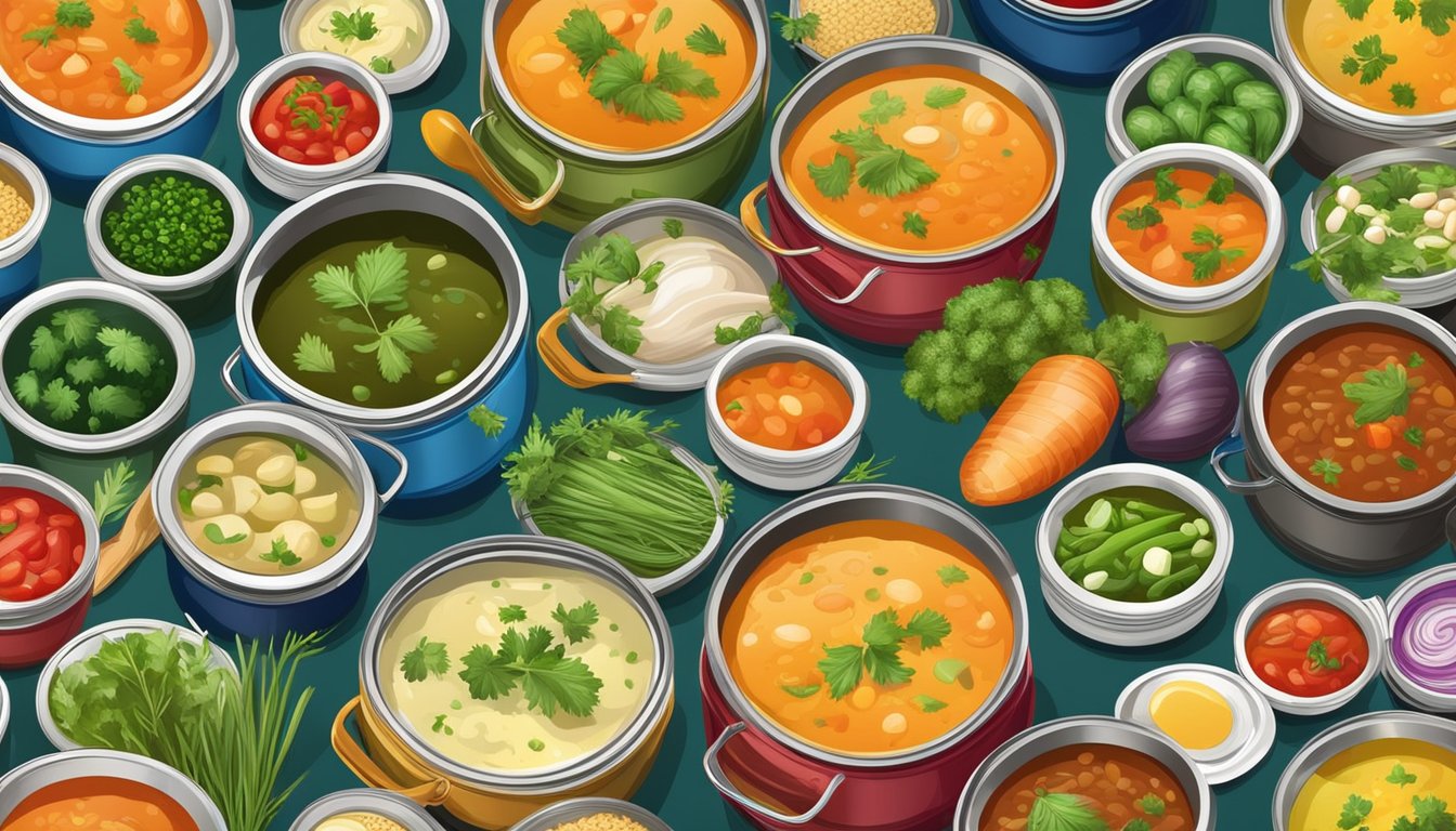 A variety of colorful canned soups surrounded by fresh vegetables and herbs, with a bowl and spoon ready for serving