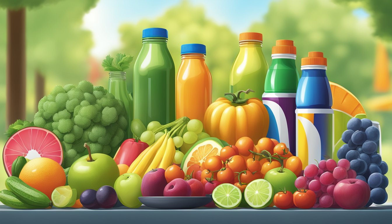 A colorful array of fruits and vegetables, alongside bottles of sports drinks, with a backdrop of a sunny outdoor setting