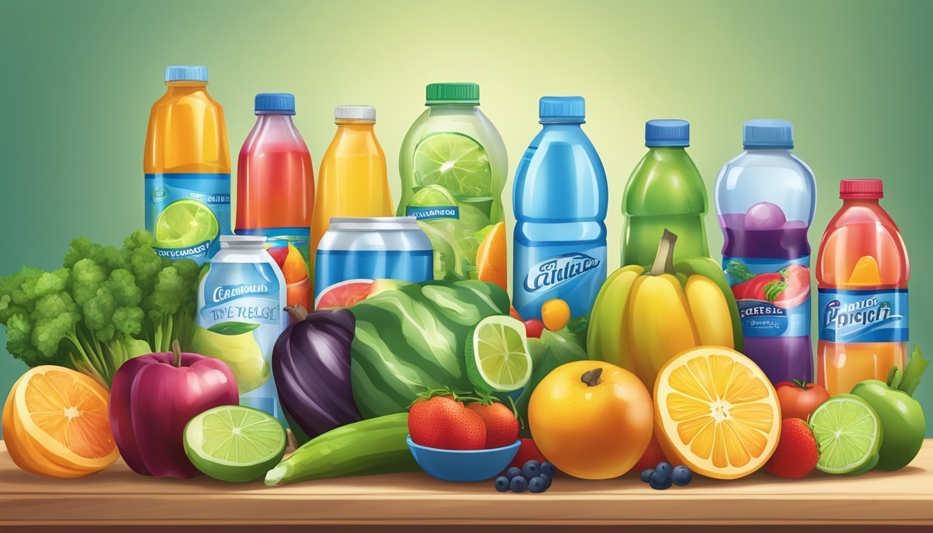 A colorful array of fresh fruits and vegetables, alongside bottles of water and sports drinks, with a prominent focus on electrolyte-rich foods