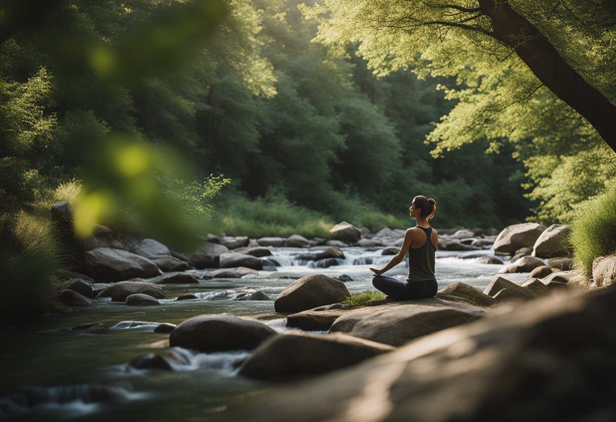 Eine Person, die Yoga in einer friedlichen natürlichen Umgebung macht, umgeben von Bäumen und einem sanft fließenden Bach.