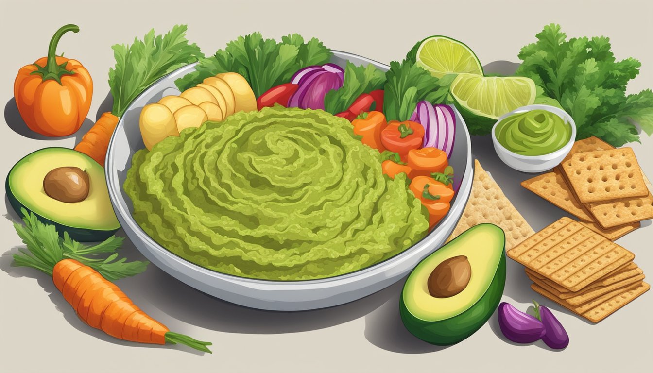 A variety of colorful vegetables and whole grain crackers arranged around a bowl of freshly made guacamole