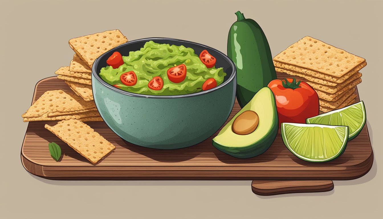 Fresh-cut vegetables arranged around a bowl of guacamole, with a side of whole grain crackers on a wooden serving board