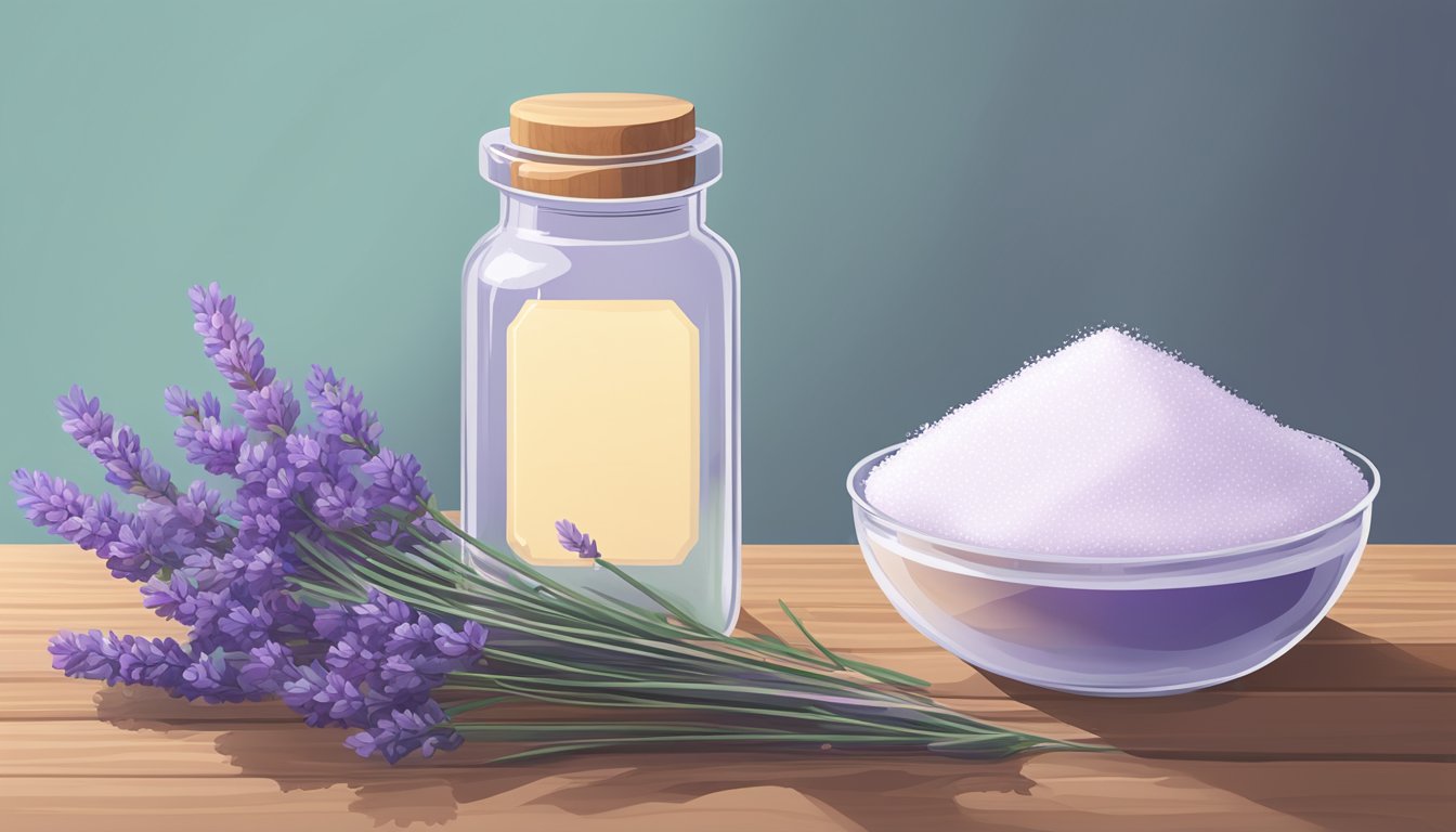 A clear glass jar filled with Epsom salt sits on a wooden surface, surrounded by fresh lavender and a small scoop