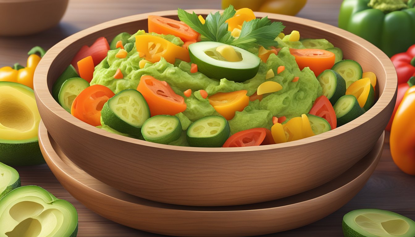 A wooden bowl filled with freshly made guacamole surrounded by colorful slices of bell peppers, cucumber, and carrot