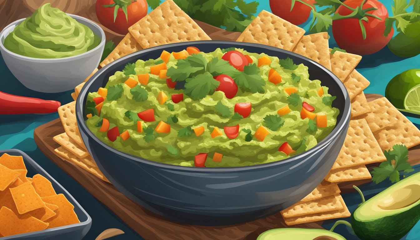 Fresh vegetables and whole grain crackers arranged around a vibrant bowl of guacamole, with a focus on the contrasting colors and textures