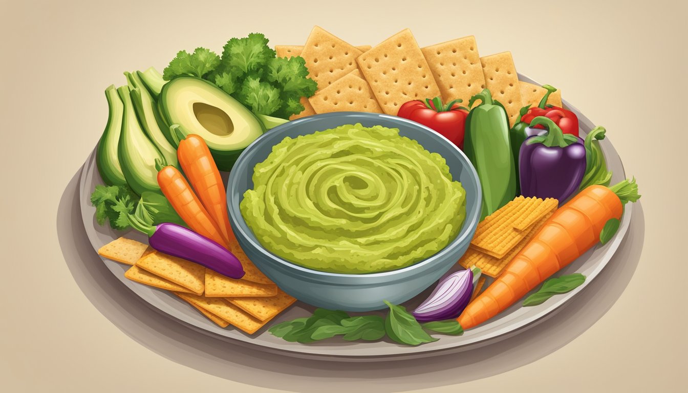 A colorful array of fresh vegetables and whole grain crackers arranged around a bowl of creamy guacamole